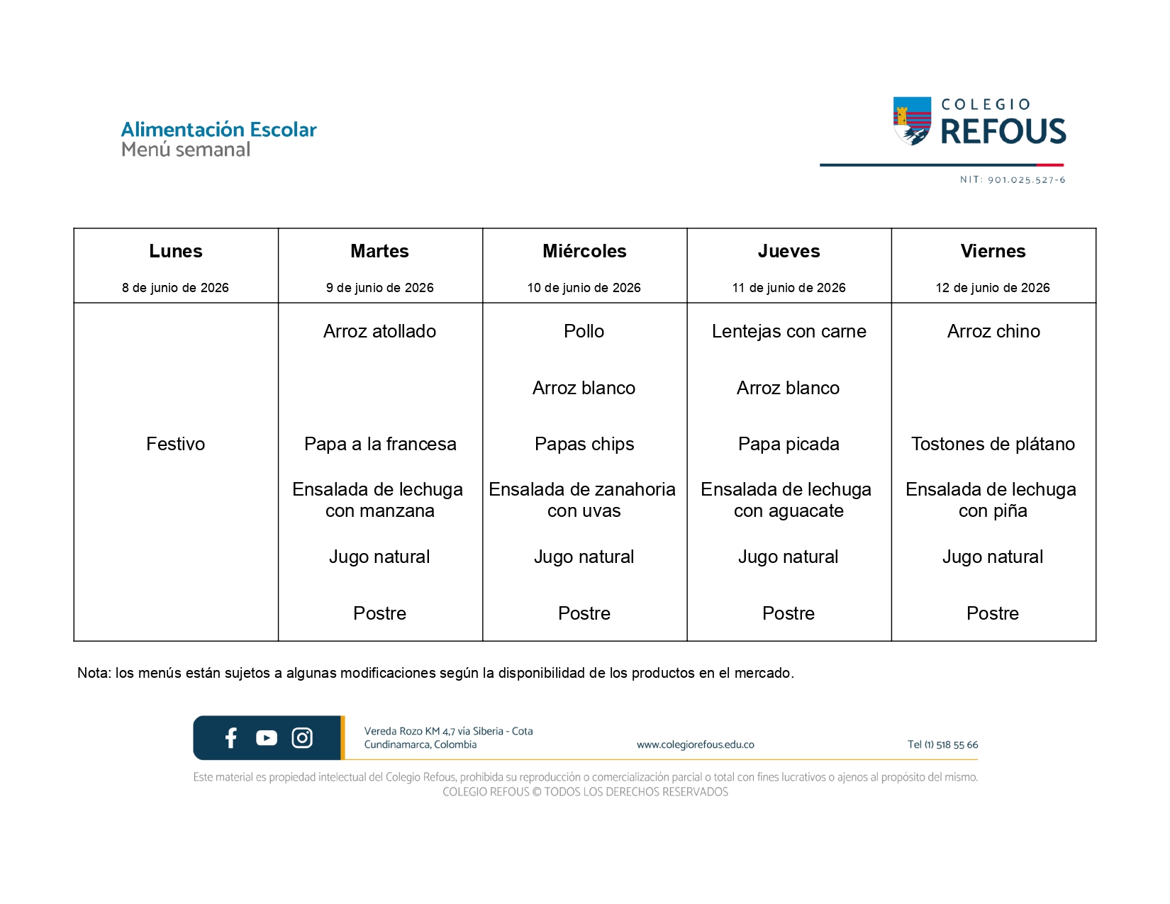 8 al 12 de junio de 2026 - Alimentación escolar